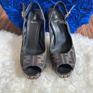 - [ ] Fendi Tobacco Zucca Canvas Fendista Platform Slingback Sandals  authentic